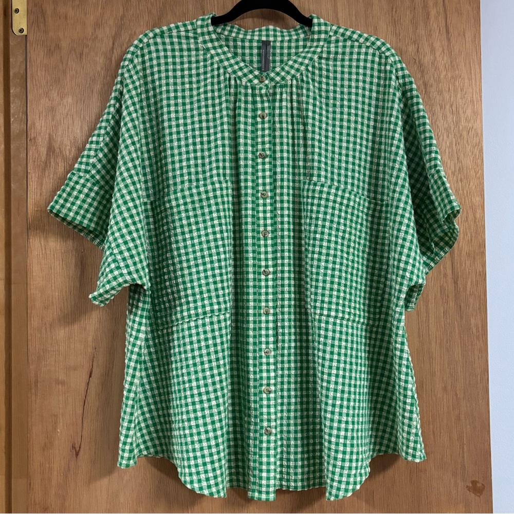 BY ANTHROPOLOGIE Gingham Buttondown Short Sleeve TOP! Oversize Seersucker Pocket